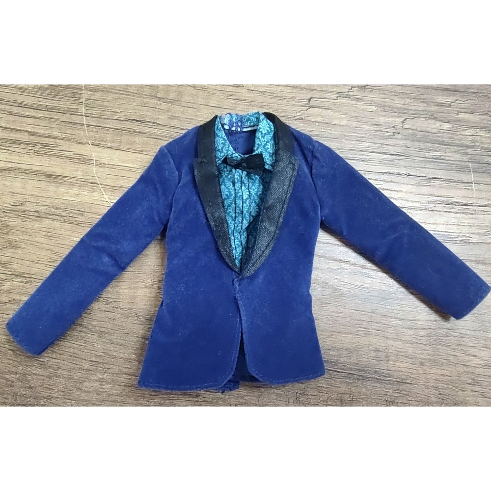 Barbie Ken Doll Blue Velour Material Suit Jacket Attached Shirt Z33